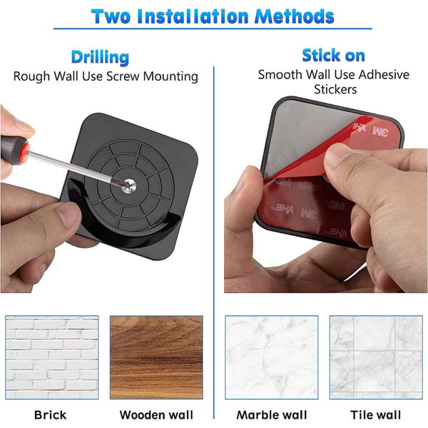 Vidafelic 4 Pack Adhesive Shower Curtain Rod Mount Holder (Black) shows two install methods: screw drilling for brick/wood walls and adhesive pads for marble/tile, with images illustrating each method and compatible wall type.