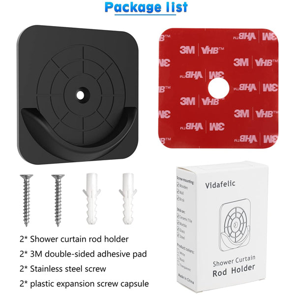 The Vidafelic 4 Pack Adhesive Shower Curtain Rod Mount Holder includes four black holders for wall installation, four 3M adhesive pads, four stainless steel screws, four plastic expansion caps, and a product box.