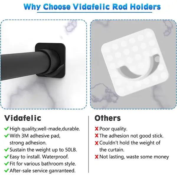 Comparison chart of Vidafelic 4 Pack Adhesive Shower Curtain Rod Mount Holders vs others, highlighting durability, high weight capacity, and easy adhesive installation—Vidafelic earns check marks; others receive X marks.
