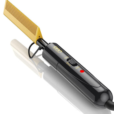 The 2 Pack - Dan Technology Ceramic Hot Comb Hair Straightener by DAN Technology features a black design with a gold metal comb, ceramic coating, on/off switch, fast heating, temperature adjustment, and power indicator light.