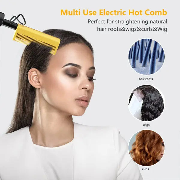 A woman uses the DAN Technology 2 Pack Ceramic Hot Comb Hair Straightener to style her hair; three insets highlight its use on roots, wigs, and curls. The text highlights fast heating and multi-use for all hair types.