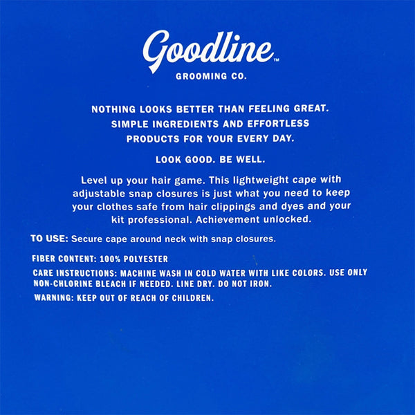 Blue label for Goodline 2 Pack Hair Cutting Cape with snap button closures. Features usage and care instructions, fiber content, and safety warning in white text—ideal for hair cutting capes. Brand: Goodline.