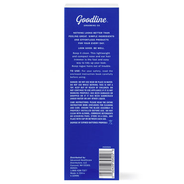 The back of a Goodline Grooming Co. Stainless Steel Blade Nose & Ear Hair Trimmer box shows white usage instructions, warnings, and distributor info on a blue background for this Goodline grooming tool.