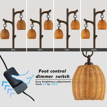 Four images show the 65 High Tree Trunk Farmhouse Rustic Floor Lamp in dark bronze with stepless dimming at 25%, 50%, 75%, and 100% brightness, above a diagram of a foot using the lamp’s foot control dimmer switch.