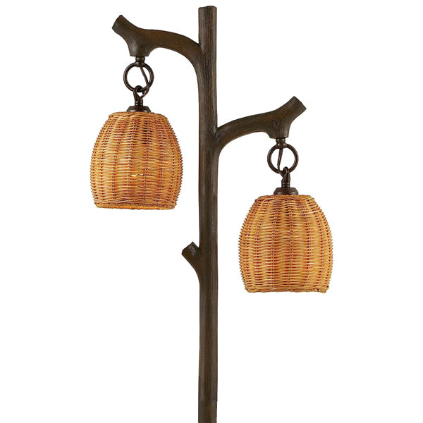 The Unbranded 65 High Tree Trunk Farmhouse Rustic Floor Lamp features a dark bronze column and two hanging wicker lanterns with metal rings, bringing rustic farmhouse charm to your space.