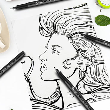Bianyo Black Pigment Water-Resistant Archival Ink Micro Liners (9 Sizes, with Zipper Case) surround a detailed line drawing of a woman with flowing hair and fin-like ears on white paper.
