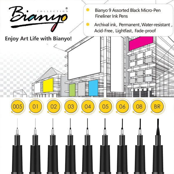 Bianyo Black Pigment Water-Resistant Archival Ink Micro Liners, 9 sizes, are displayed with tip size info, zipper case packaging, and a hand-drawn cityscape illustration in the background.