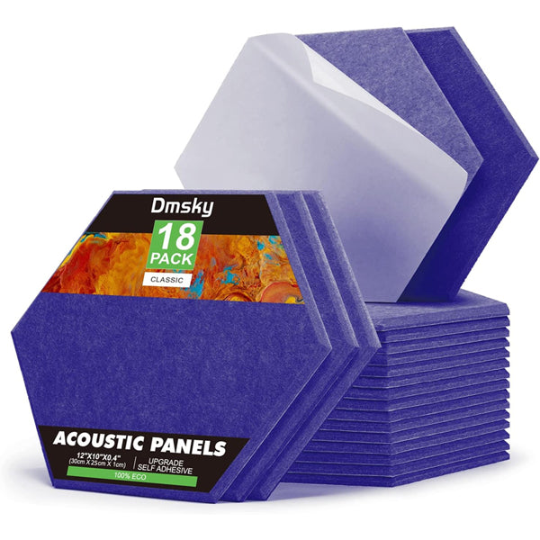A stack of 18 Dmsky dark blue hexagon acoustic panels (12x10x0.4) with self-adhesive backing, shown neatly piled with one panel partially peeled—ideal for soundproofing and acoustical improvement.