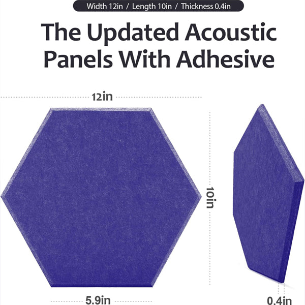 Dmsky 18 Pack Dark Blue Hexagon Acoustic Panels, 12x10x0.4, self-adhesive, ideal for soundproofing and acoustical treatments. Dimensions shown in image.