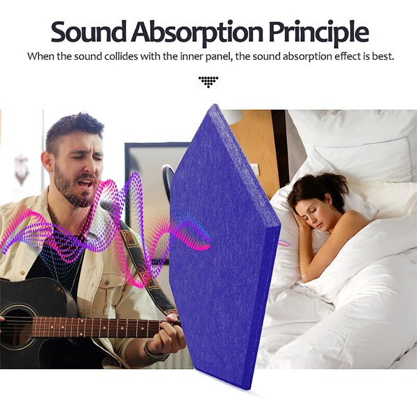 A man plays guitar while a woman sleeps nearby; Dmsky 18 Pack Dark Blue Hexagon Acoustic Panels (12x10x0.4) help absorb sound, creating a quieter environment with stylish self-adhesive soundproof wall panels.