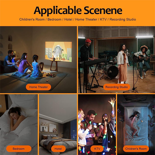 A collage displays Dmsky 18 Pack Dark Blue Hexagon Acoustic Panels (12x10x0.4) in various settings—home theater, recording studio, bedroom, hotel, KTV party, and childrens room—as noise-absorbing decor.