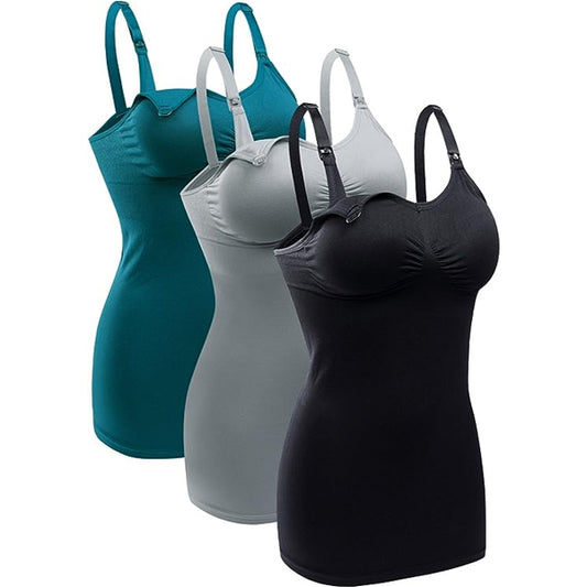 The BRLIDO 3 Pack Womens Nursing Tank Tops with built-in bras for breastfeeding, available in large size and colors teal, light gray, and black, are shown on mannequins—perfect for your maternity wardrobe.