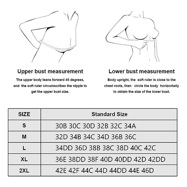 Diagram showing how to measure upper and lower bust for a perfect fit, plus a size chart matching bust sizes to standard bra sizes S–2XL—perfect for choosing BRLIDO 3 Pack Womens Nursing Tank Tops Built in Bra for Breastfeeding Maternity.
