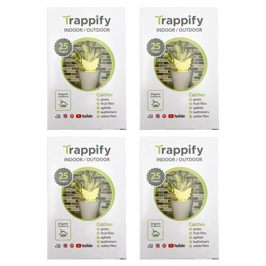 Four boxes of Trappify 4 Pack Sticky Butterfly Shape Gnat Traps for House Indoor—100 traps total—are arranged in a grid, each box showing a potted plant and listing pests these organic gardening sticky bug cards catch.