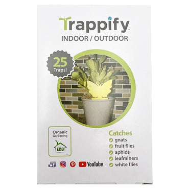 The Trappify 4 Pack includes 100 sticky butterfly-shaped gnat traps for indoor use, effectively catching gnats, fruit flies, aphids, leafminers, and whiteflies with eco-friendly labels for organic gardening.
