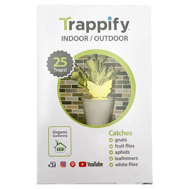 The Trappify 4 Pack includes 100 sticky butterfly-shaped gnat traps for indoor use, effectively catching gnats, fruit flies, aphids, leafminers, and whiteflies with eco-friendly labels for organic gardening.