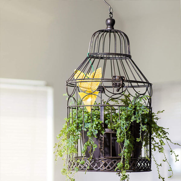 A hanging metal birdcage holds a potted plant and a yellow Trappify Sticky Butterfly Gnat Trap—artfully blending decor with natural, indoor pest control.