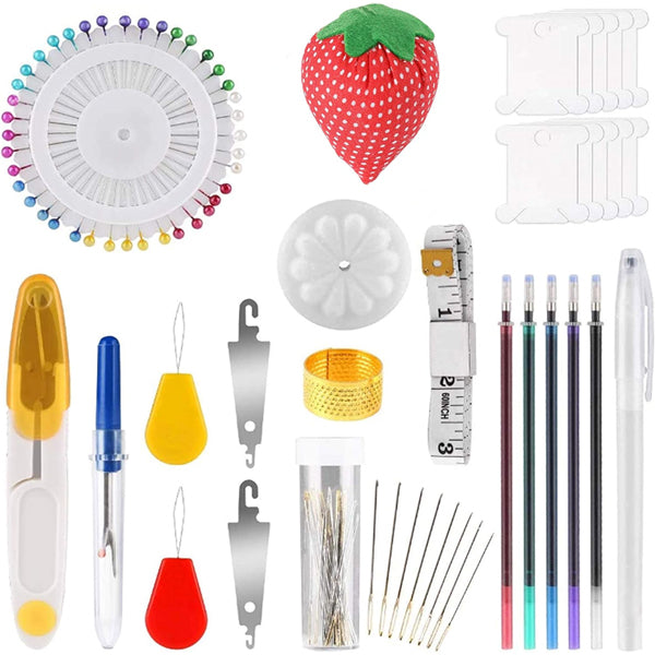 The YITOHOP Embroidery Cross Stitch Kit includes 5 bamboo hoops, 100 thread colors, 3 Aida cloths, pins, needles, tape, marking pens, seam ripper, thimble, bobbins & strawberry pincushion—perfect for embroidery beginners.