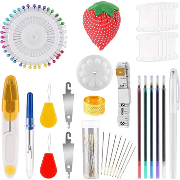 The YITOHOP Embroidery Cross Stitch Kit includes 5 bamboo hoops, 100 thread colors, 3 Aida cloths, pins, needles, tape, marking pens, seam ripper, thimble, bobbins & strawberry pincushion—perfect for embroidery beginners.