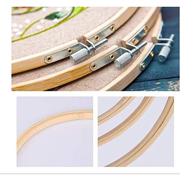 Close-up of YITOHOP Embroidery Cross Stitch Kits 5 bamboo hoops with metal fasteners, showcasing quality frame and hardware—ideal for beginners and included in a kit with 100 color threads, Aida cloth & more.