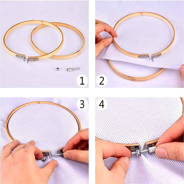 Step-by-step images show how to place fabric in the YITOHOP Embroidery Cross Stitch Kit’s bamboo hoops, tighten the screw, and secure your fabric—perfect for users of this kit with 5 hoops, 100 threads, Aida cloth & more.