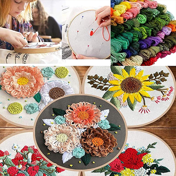 Collage features people embroidering, colorful threads, and completed floral designs—perfect inspiration for a YITOHOP Embroidery Cross Stitch Kit with 5 Bamboo Hoops, 100 Threads, 3 Aida Cloths & more.