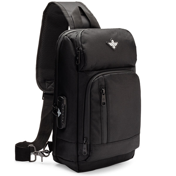 The Erozul Equinox Smell Proof Sling Bag With Combination Lock by Erozul features carbon lining, multiple zippered compartments, an adjustable strap, and a discreet front logo.