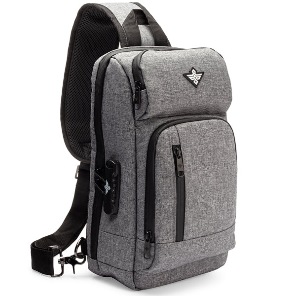The Erozul Equinox Smell Proof Sling Bag features a grey design with black zippers, front and side pockets, carbon lining for odor protection, an adjustable strap, and a combination lock.