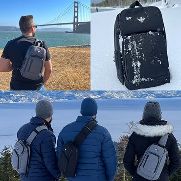 Collage of people wearing the Erozul Equinox Smell Proof Sling Bag With Combination Lock outdoors, by a bridge and a snowy lake, plus a close-up of this Erozul sling bag with Carbon Lining dusted in snow.