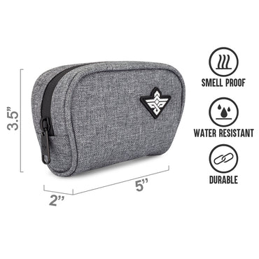 The Erozul Nano v2 Small Smell Proof Slim Pack Pouch by Erozul is a gray zippered pouch (5 x 2 x 3.5 in) with logo, water-resistant, and heavy-duty padded for durability.