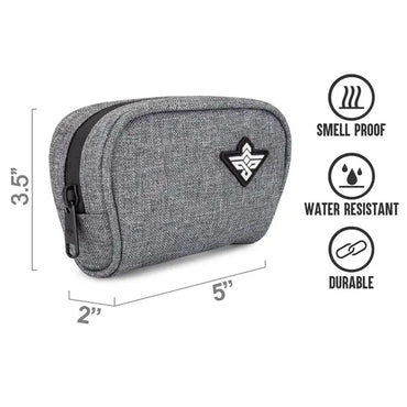 The Erozul Nano v2 Small Smell Proof Slim Pack Pouch by Erozul is a gray zippered pouch (5 x 2 x 3.5 in) with logo, water-resistant, and heavy-duty padded for durability.