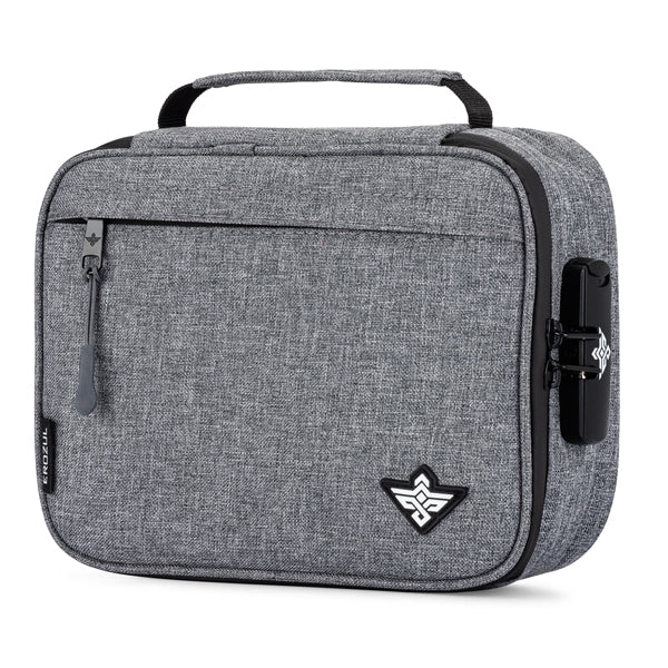 The Erozul Exodus v2 Smell Proof Case by Erozul is a rectangular grey fabric lunch bag with a top handle, front zipper pocket, black logo patch, and activated carbon lining for odor control, plus a combination lock for added security.