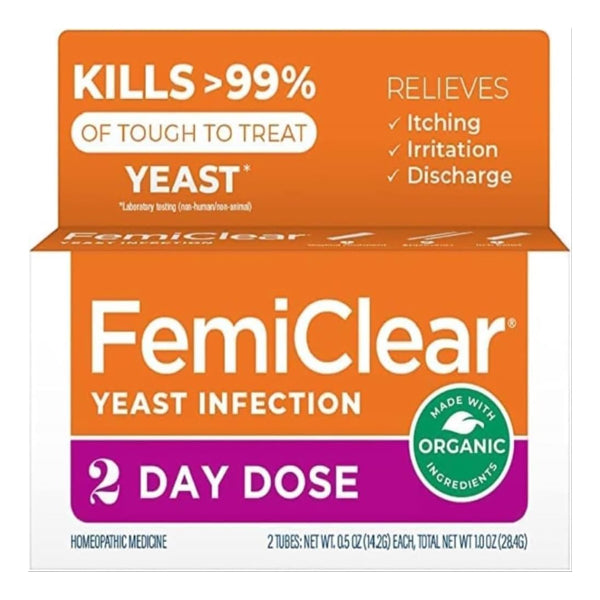 FemiClear 2-Day Dose Yeast Infection and Itch Control Ointment by FemiClear kills over 99% of tough yeast, relieves itching, irritation, and discharge, and is made with organic ingredients.