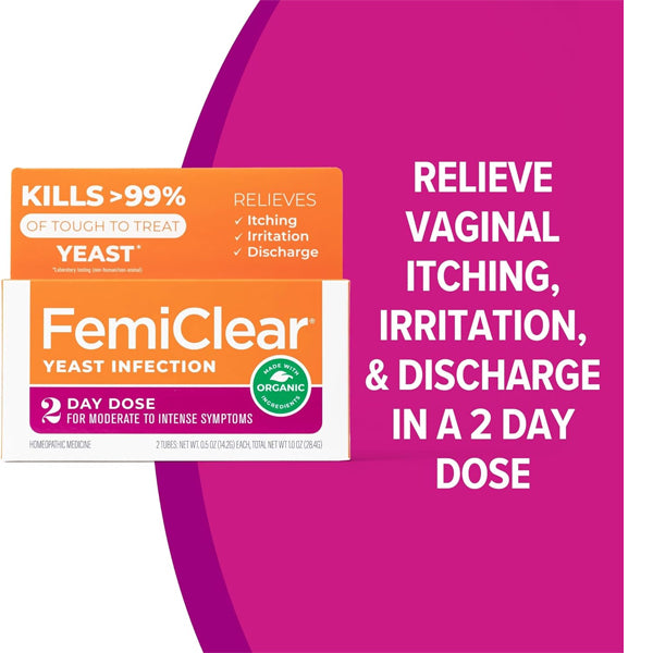 FemiClear 2-Day Dose Yeast Infection and Itch Control Ointment by FemiClear uses organic ingredients to naturally relieve vaginal itching, irritation, and discharge in just 2 days.