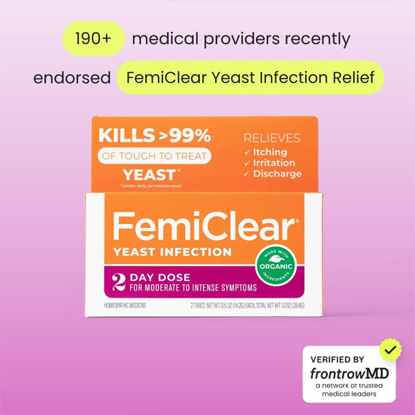 FemiClear 2-Day Dose Yeast Infection and Itch Control Ointment is shown, highlighting that over 190 medical providers recently endorsed this natural product, which kills over 99% of tough-to-treat yeast using organic ingredients.