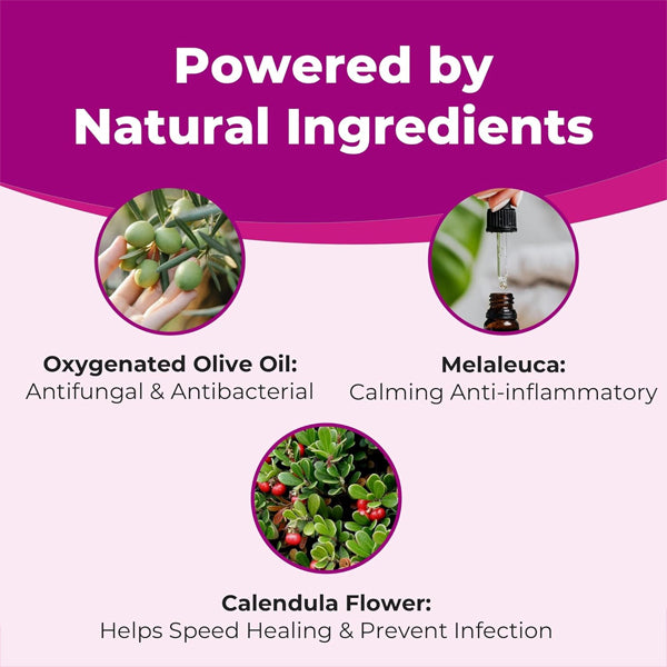 Infographic highlighting FemiClear 2-Day Dose Yeast Infection and Itch Control Ointment’s natural ingredients: oxygenated olive oil (antifungal, antibacterial), melaleuca (soothing, anti-inflammatory), and calendula (healing).