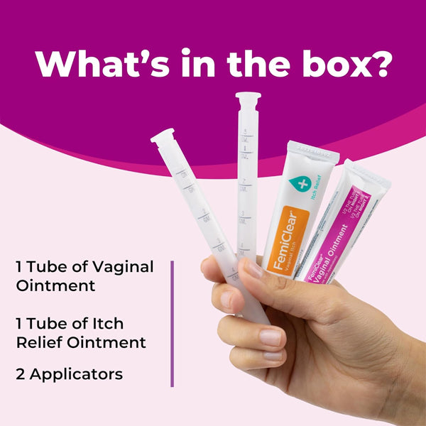 Hand holds two applicators and two ointment tubes labeled FemiClear 2-Day Dose Yeast Infection and Itch Control Ointment—natural relief for yeast infection symptoms. Box includes organic ointments and applicators from FemiClear.