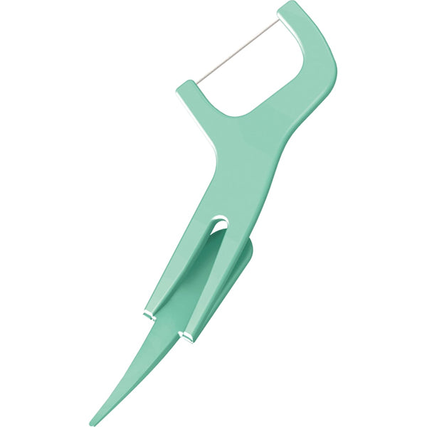 The Solimo Mint Dental Flossers, available in 6 packs of 90 (540 total), feature a teal plastic pick with a curved handle and shred-resistant floss stretched between two prongs.