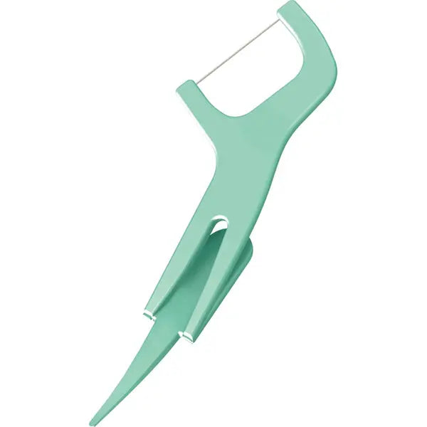 The Solimo Mint Dental Flossers, available in 6 packs of 90 (540 total), feature a teal plastic pick with a curved handle and shred-resistant floss stretched between two prongs.