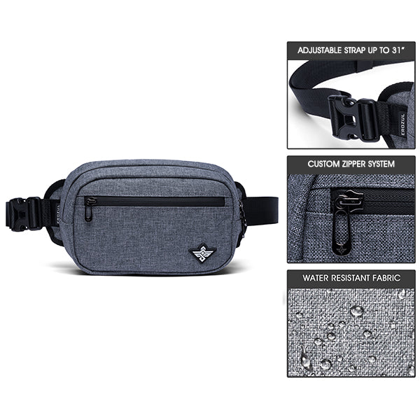The Erozul Fortuna Smell Proof Fanny Pack Crossbody Bag by Erozul features an adjustable strap, custom zipper system, water-resistant fabric, and advanced smell proof tech—three close-up images display each feature.