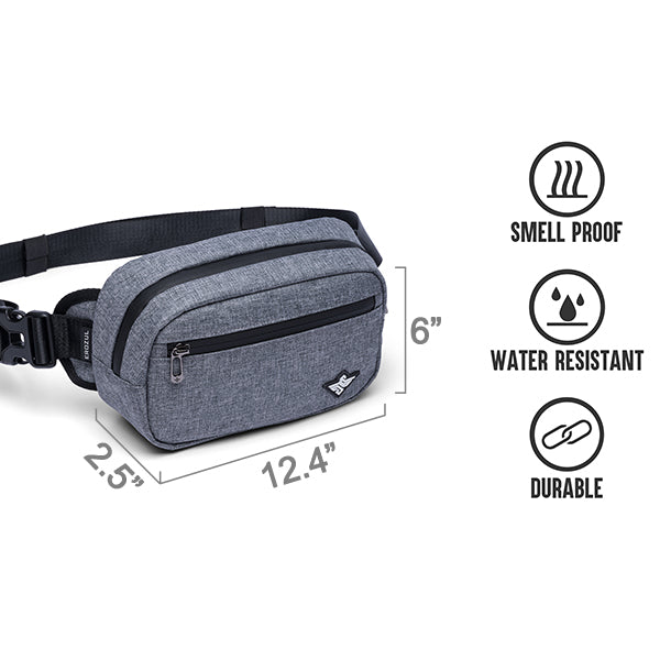 The Erozul Fortuna Smell Proof Fanny Pack Crossbody Bag by Erozul features durable, water-resistant fabric, an adjustable strap, and odor control; measures 12.4 x 6 x 2.5 inches—ideal for practical, stylish carrying.