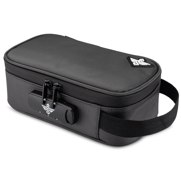 The Erozul Genesis v2 Medium Smell Proof Case by Erozul is a rectangular black zippered case with a textured surface, side handle, water-resistant, smell proof design, and an anti-theft combination lock on the front.