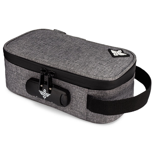 The Erozul Genesis v2 Medium Smell Proof Case by Erozul is a rectangular gray fabric case with a black zipper, anti-theft combination lock, side handle, small lid logo, and water-resistant design for extra protection.
