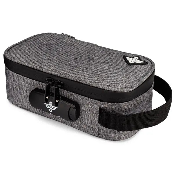 The Erozul Genesis v2 Medium Smell Proof Case by Erozul is a rectangular gray fabric case with a black zipper, anti-theft combination lock, side handle, small lid logo, and water-resistant design for extra protection.