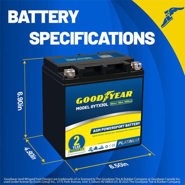 Goodyear GYTX30L 12V 32AH 400CCA Rechargeable High-Performance SLA AGM Battery Good Year