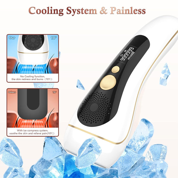 The MYUPSZMI Laser Hair Removal for Women and Men, featuring IPL technology with an Ice Cold Function, is displayed on ice cubes alongside diagrams showing its cooling feature reduces redness and pain compared to devices without cooling.
