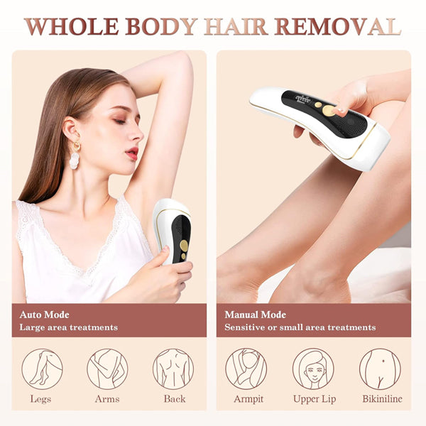A woman uses the MYUPSZMI Laser Hair Removal for Women and Men with IPL and Ice Cold Function on her arm and leg, showing auto/manual modes for various body areas to achieve salon-quality results at home.