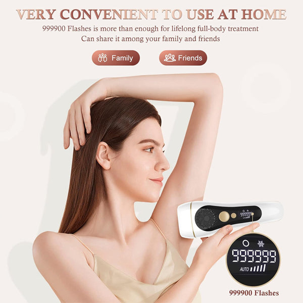 A woman uses the MYUPSZMI Laser Hair Removal for Women and Men with Ice Cold Function on her underarm; the display shows 999,999 flashes. Enjoy salon-quality results at home—safe and suitable for use by family and friends.