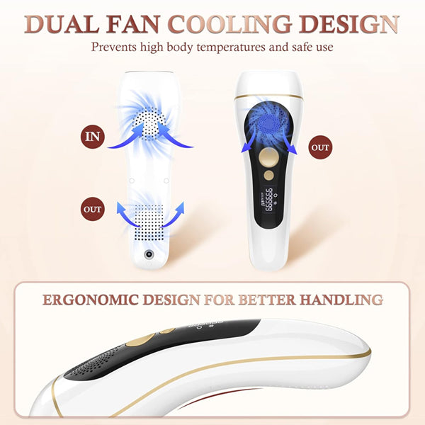 Diagram displaying the dual fan cooling system of the MYUPSZMI Laser Hair Removal for Women and Men, IPL Hair Removal with Ice Cold Function, showing optimized airflow and an ergonomic handle for safe, comfortable, salon-quality hair removal at home.