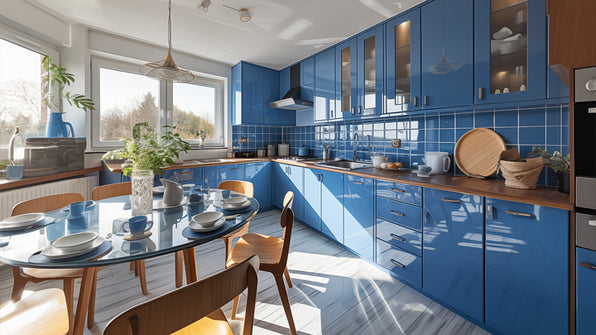 Modern kitchen with glossy blue cabinets, wooden countertops, a round glass dining table, wooden chairs, and large windows letting in natural light.